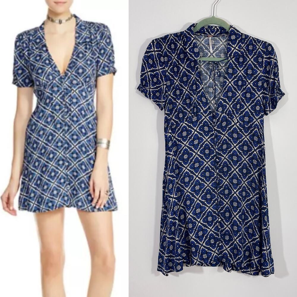 Free People Melody Easy Blue Onyx Gea Print Dress Button Front V Neck Size 2